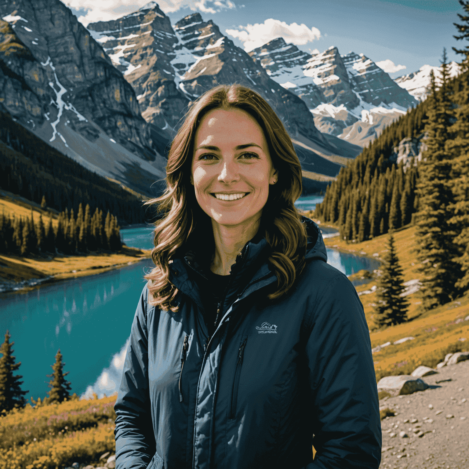 Portrait of Sarah Thompson, a woman in her early 30s with brown hair and a warm smile, standing in front of a scenic mountain landscape in Banff National Park