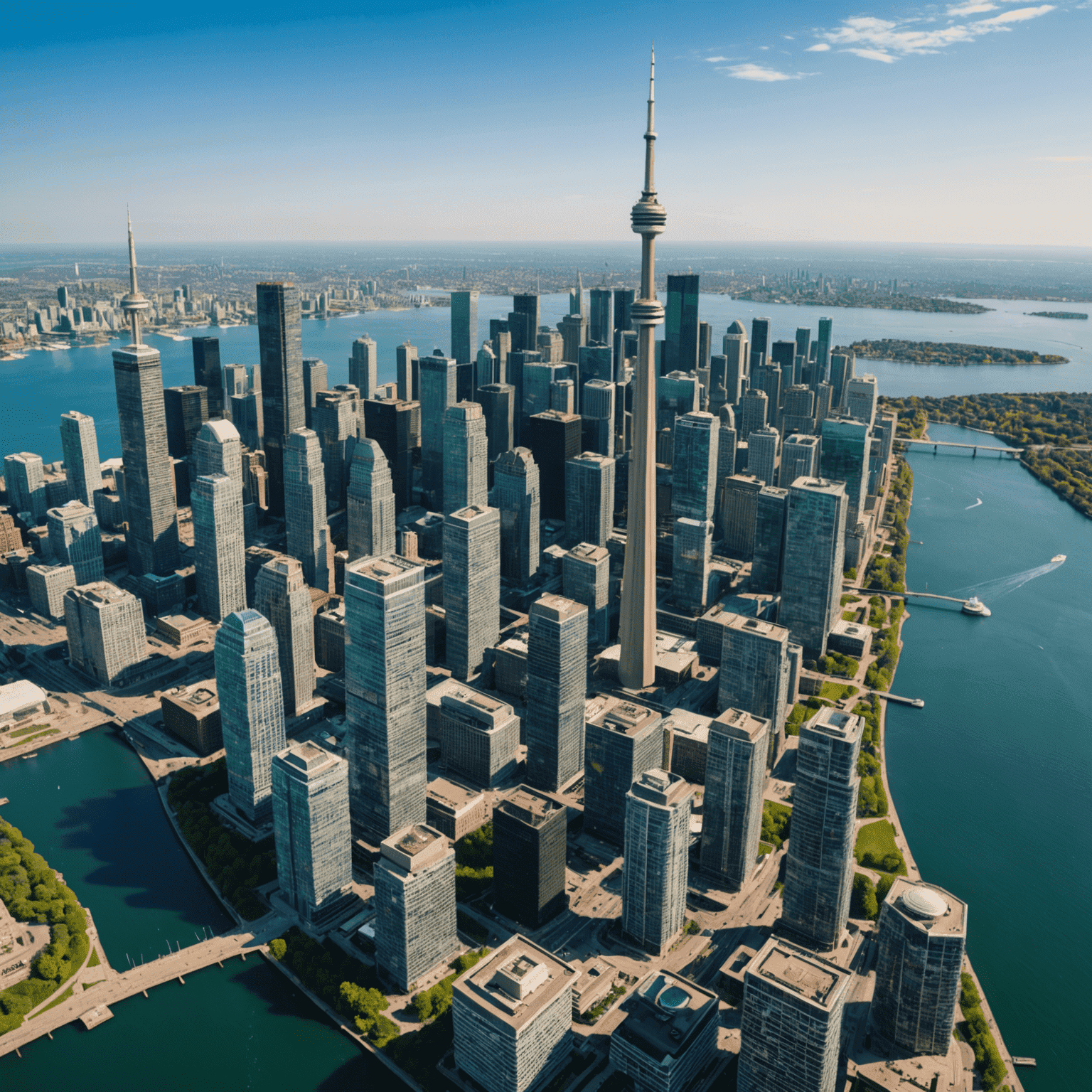 Aerial view of Toronto skyline featuring the iconic CN Tower, modern skyscrapers, and Lake Ontario