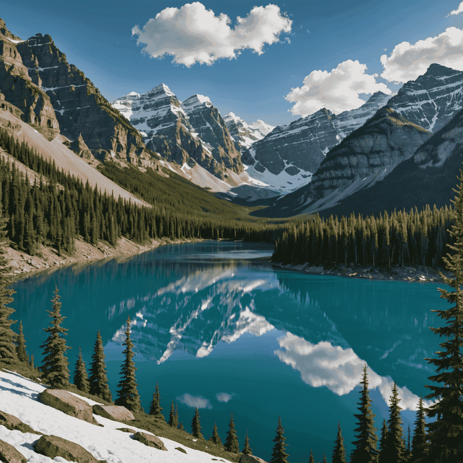 Panoramic view of snow-capped Canadian Rockies with a pristine lake in the foreground, surrounded by dense pine forests