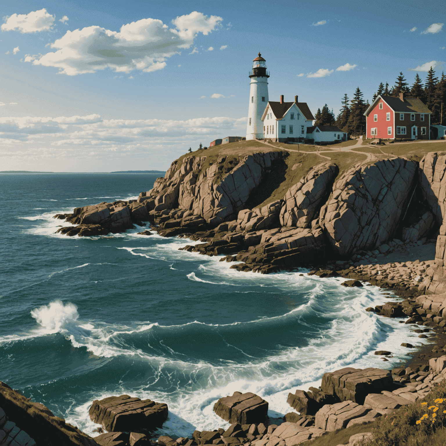 Panoramic view of a rocky coastline in Nova Scotia with a lighthouse perched on a cliff, waves crashing against the shore, and a colorful fishing village in the background