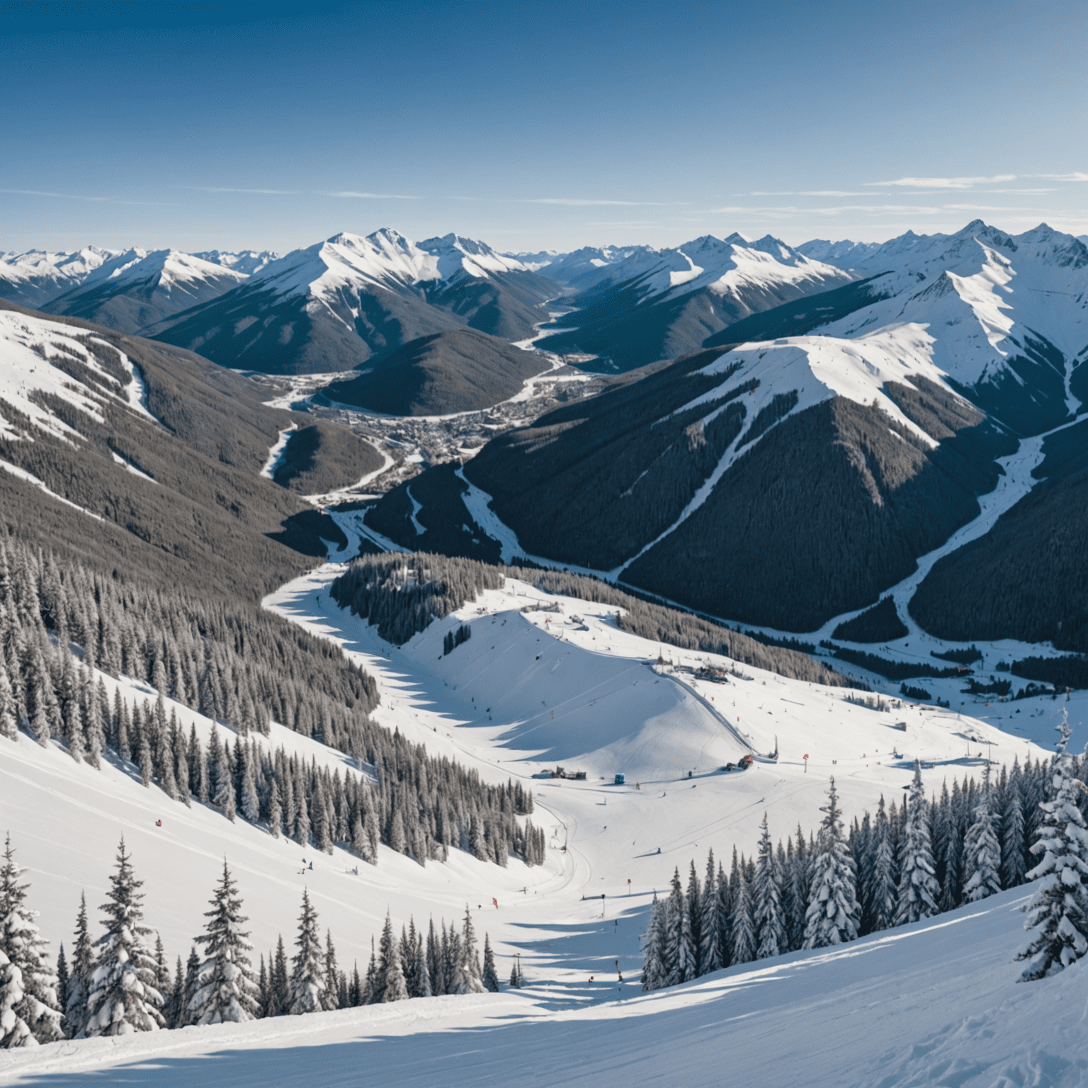 Panoramic view of a snow-covered mountain range with ski slopes and lifts, showcasing the vastness of a Canadian ski resort