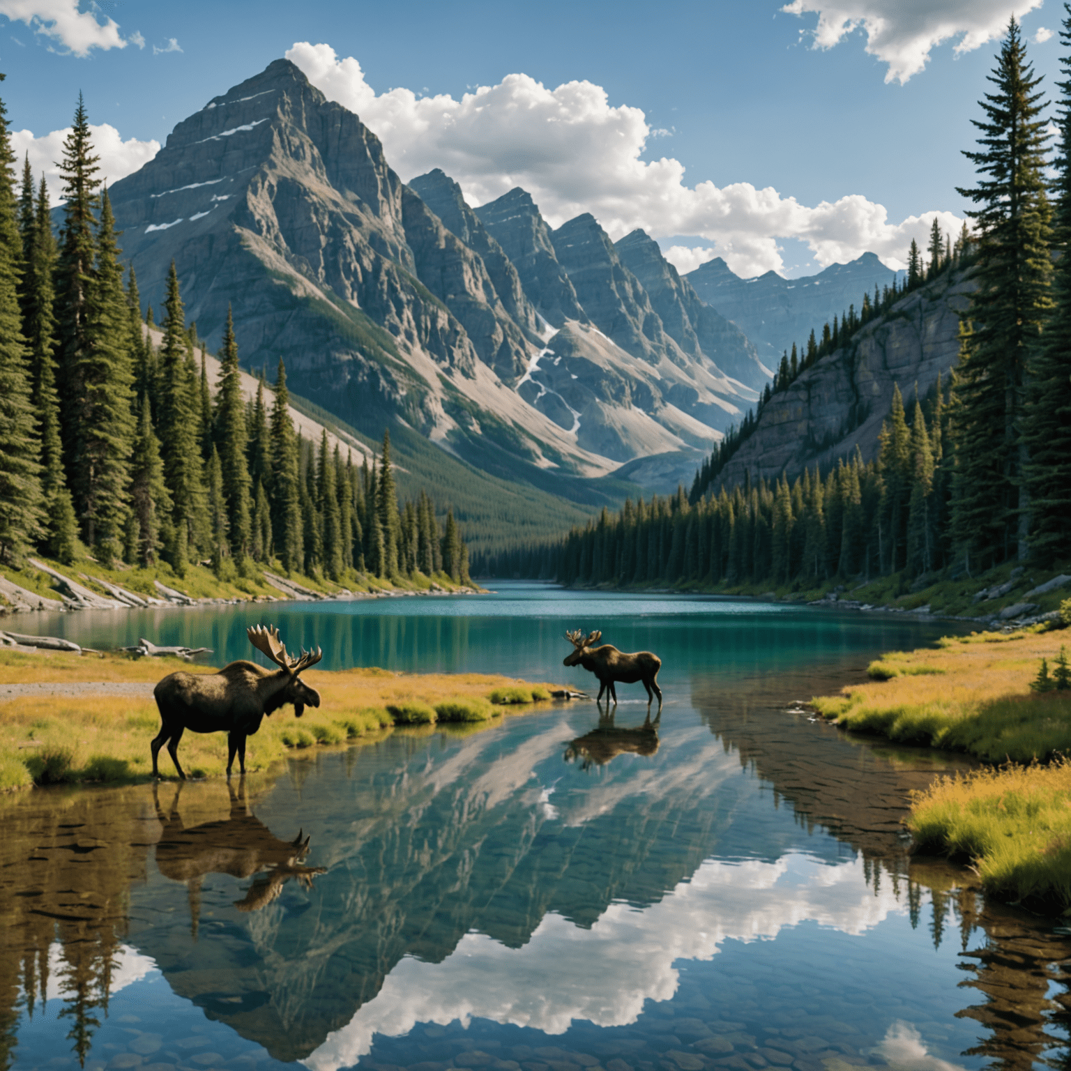 A panoramic view of a Canadian national park with mountains, forests, and a lake. In the foreground, a moose is grazing near the water's edge.