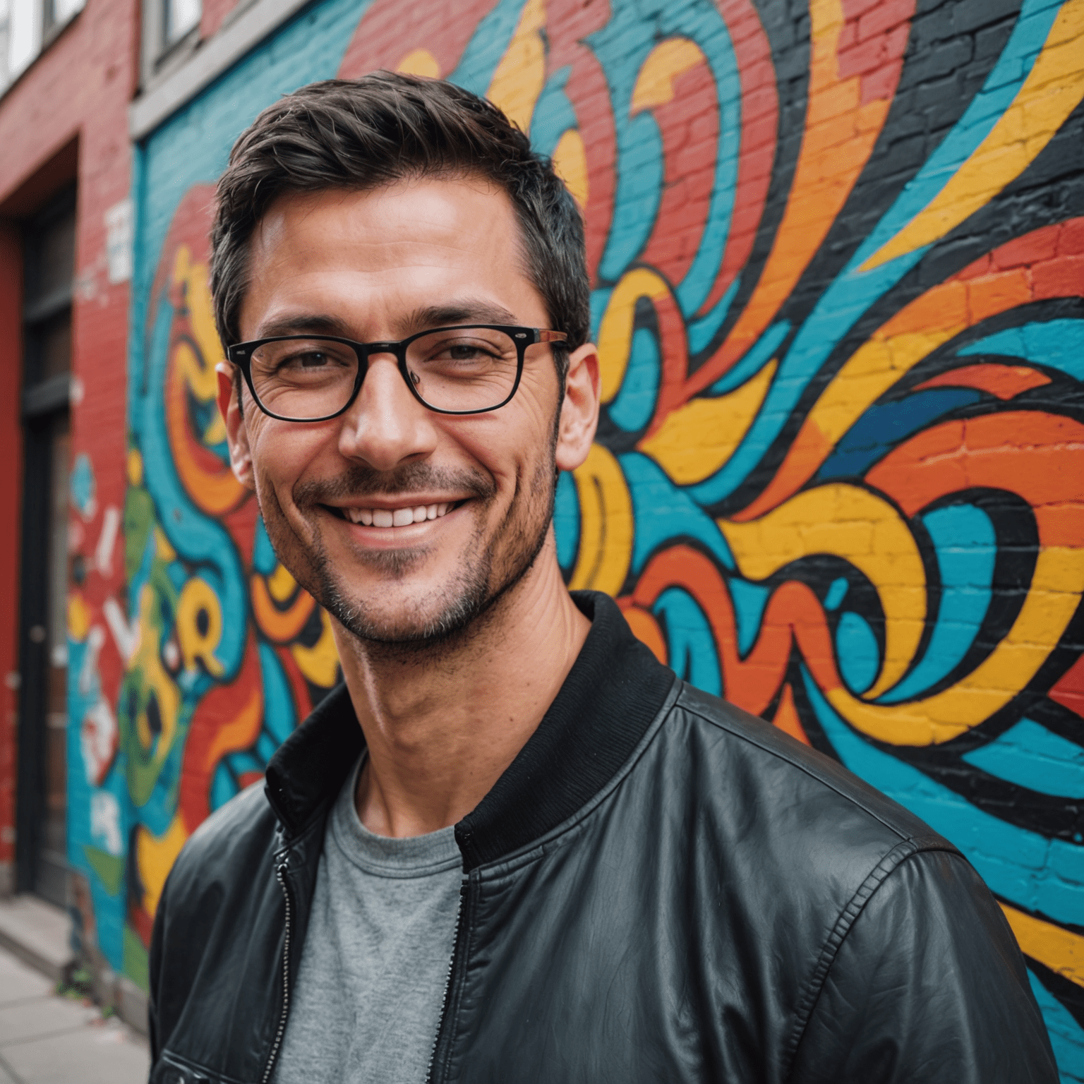 Portrait of Michael Leblanc, a man in his late 30s with short black hair and glasses, smiling while standing next to a colorful mural in Montreal