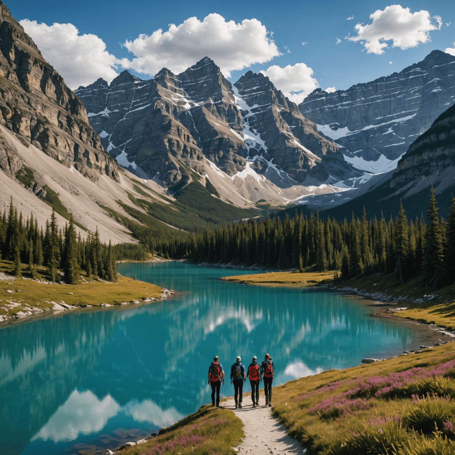 Panoramic view of snow-capped peaks in the Canadian Rockies, with a pristine lake in the foreground and hikers on a trail