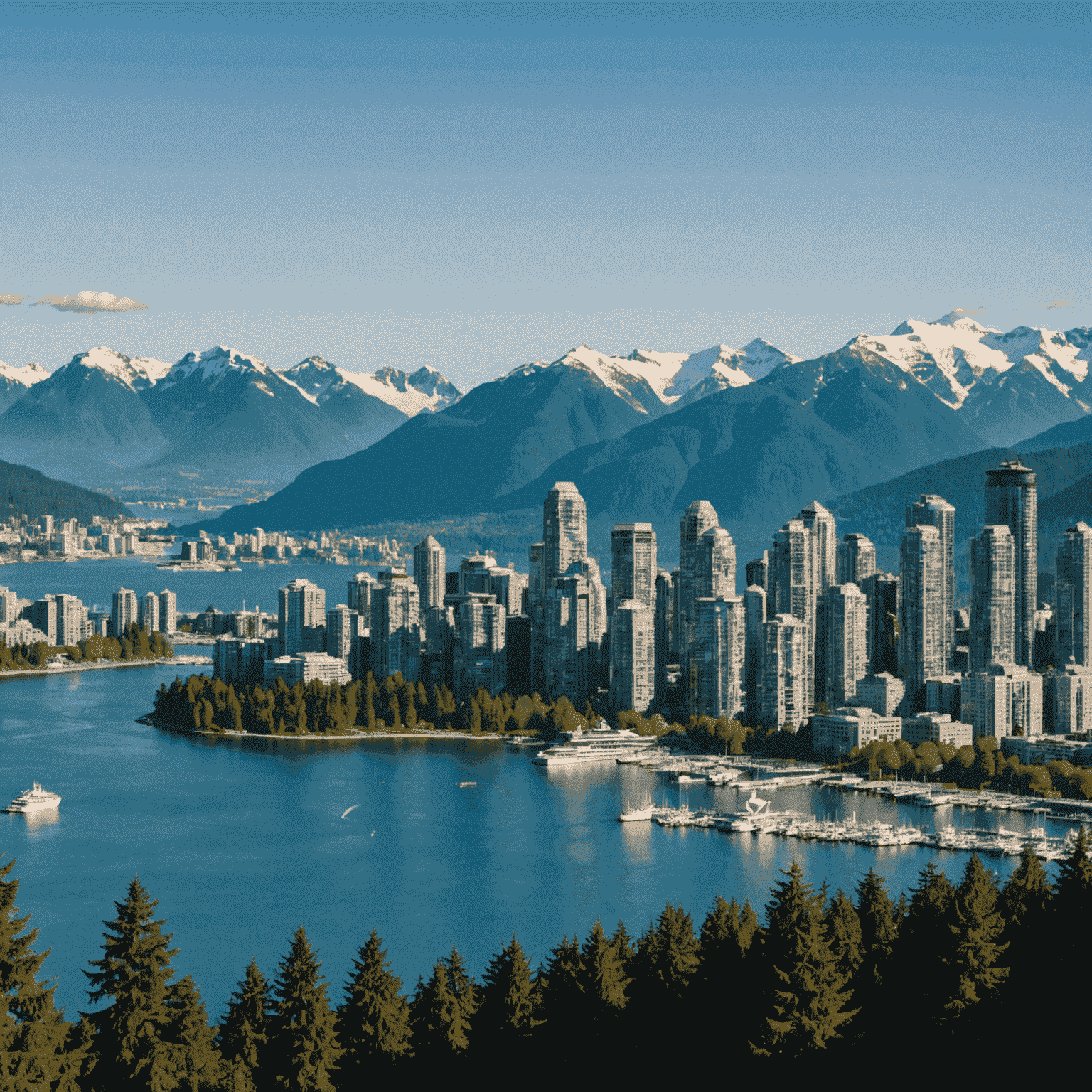 Panoramic view of Vancouver with mountains in the background, featuring Stanley Park and the city's modern architecture