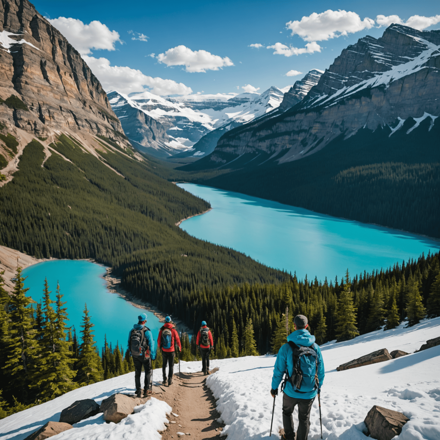 Hikers on a trail overlooking the turquoise waters of Lake Louise, surrounded by snow-capped peaks in Banff National Park