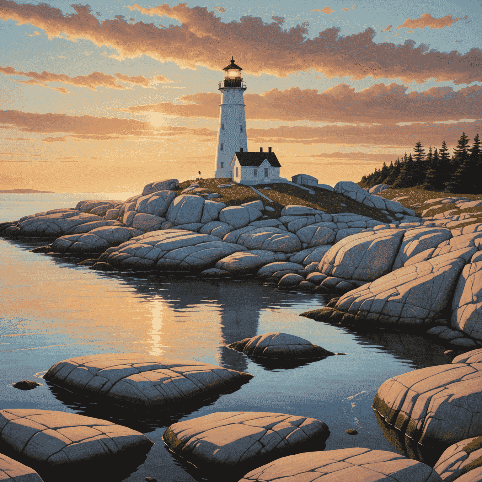 Peggy's Cove lighthouse at sunset, with golden light illuminating the rocky shore and calm waters of the Atlantic Ocean