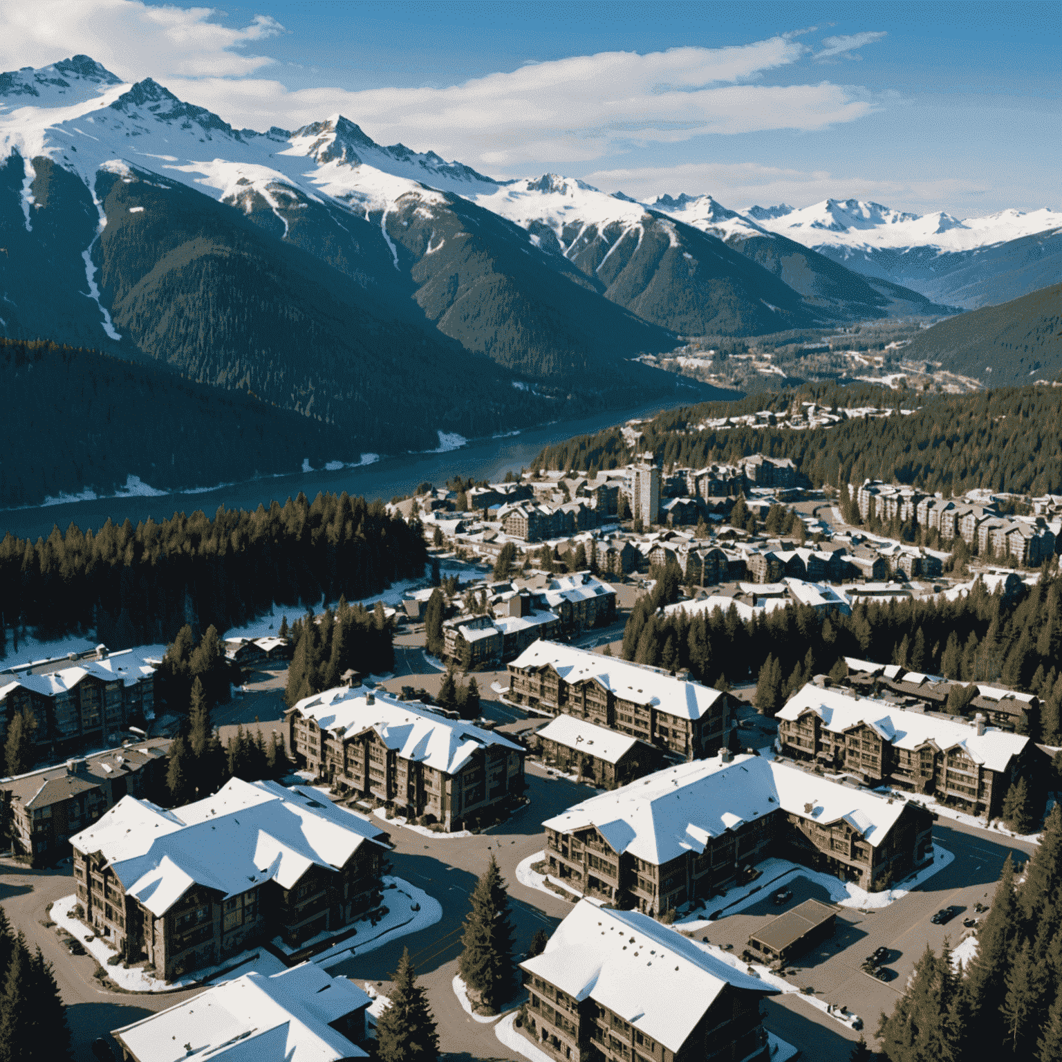 Aerial view of Whistler Village with snow-capped mountains in the background, showing the vastness of the Whistler Blackcomb resort