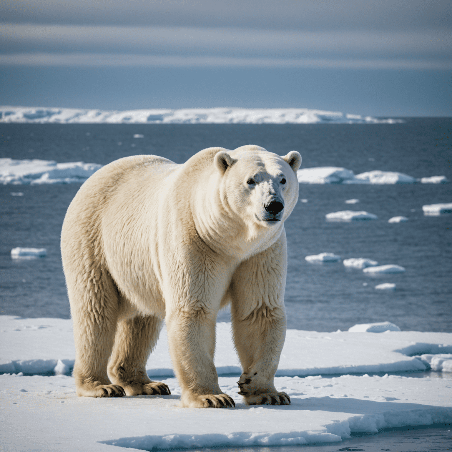 A large polar bear standing on the tundra near Churchill, Manitoba, with the icy waters of Hudson Bay visible in the background.