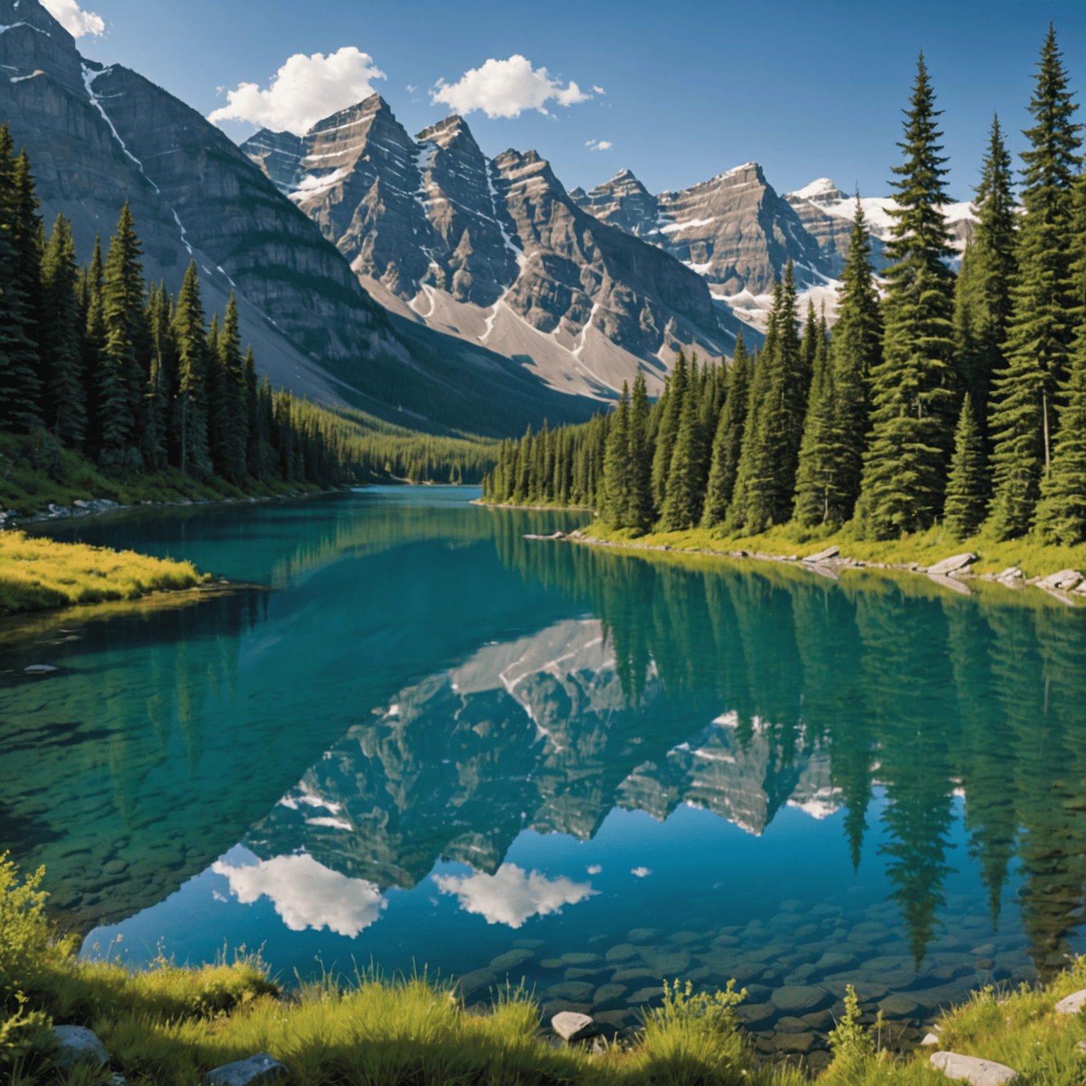 A panoramic view of the Canadian landscape featuring snow-capped mountains, a crystal-clear lake, and dense evergreen forests, capturing the essence of Canada's natural beauty