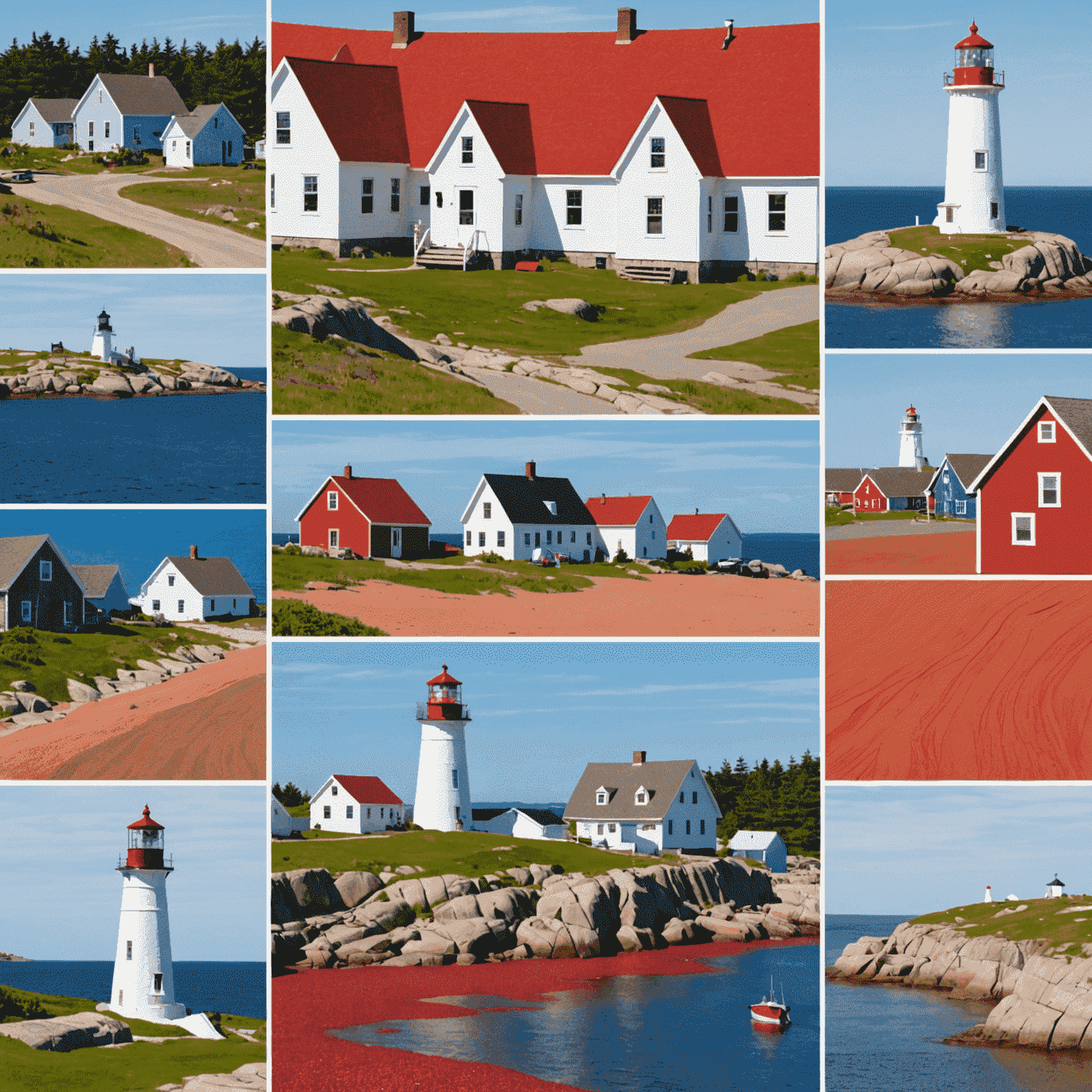 Collage of Maritime scenes: Peggy's Cove lighthouse, colorful houses in Lunenburg, and red sand beaches of Prince Edward Island