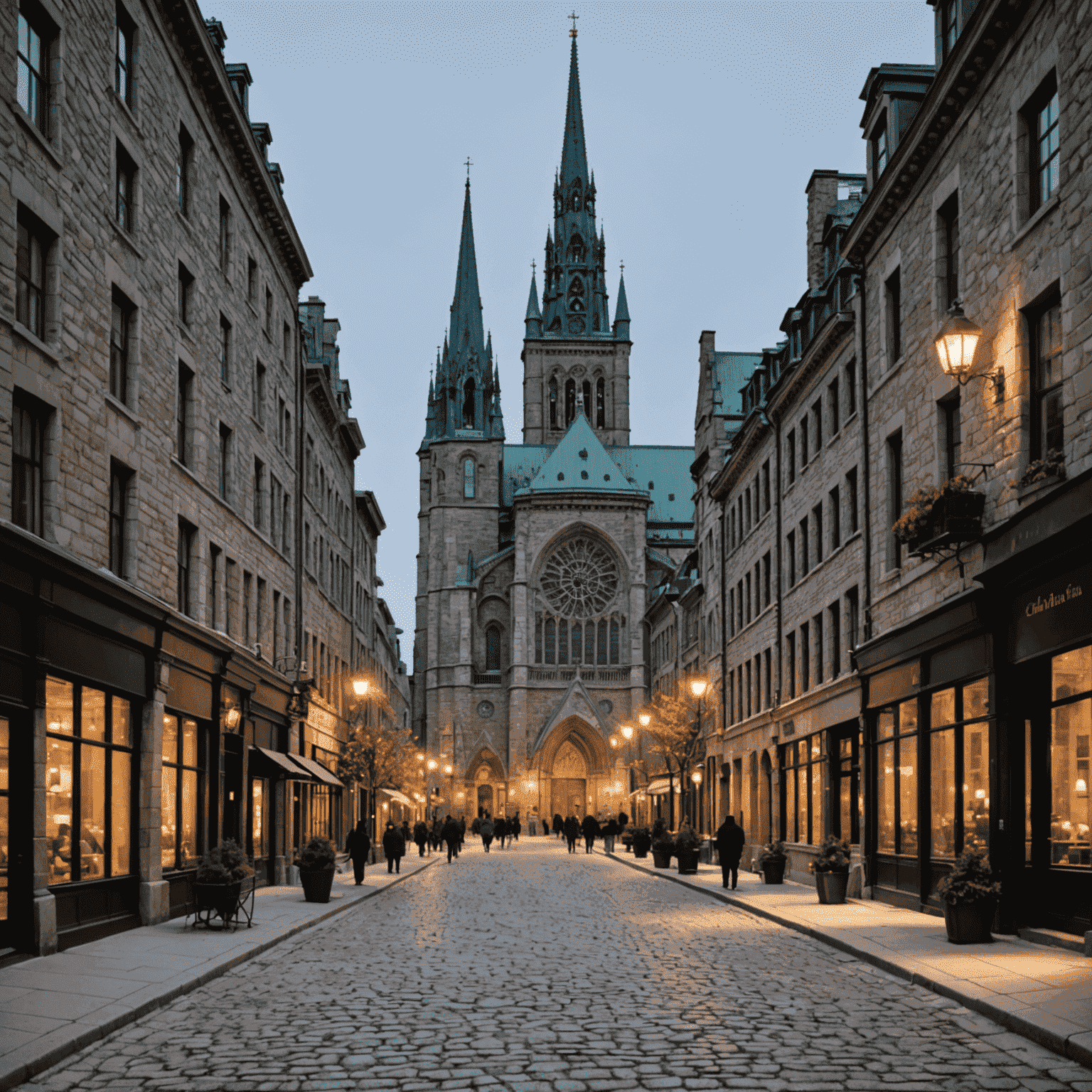 Old Montreal's cobblestone streets with historic architecture, featuring the Notre-Dame Basilica