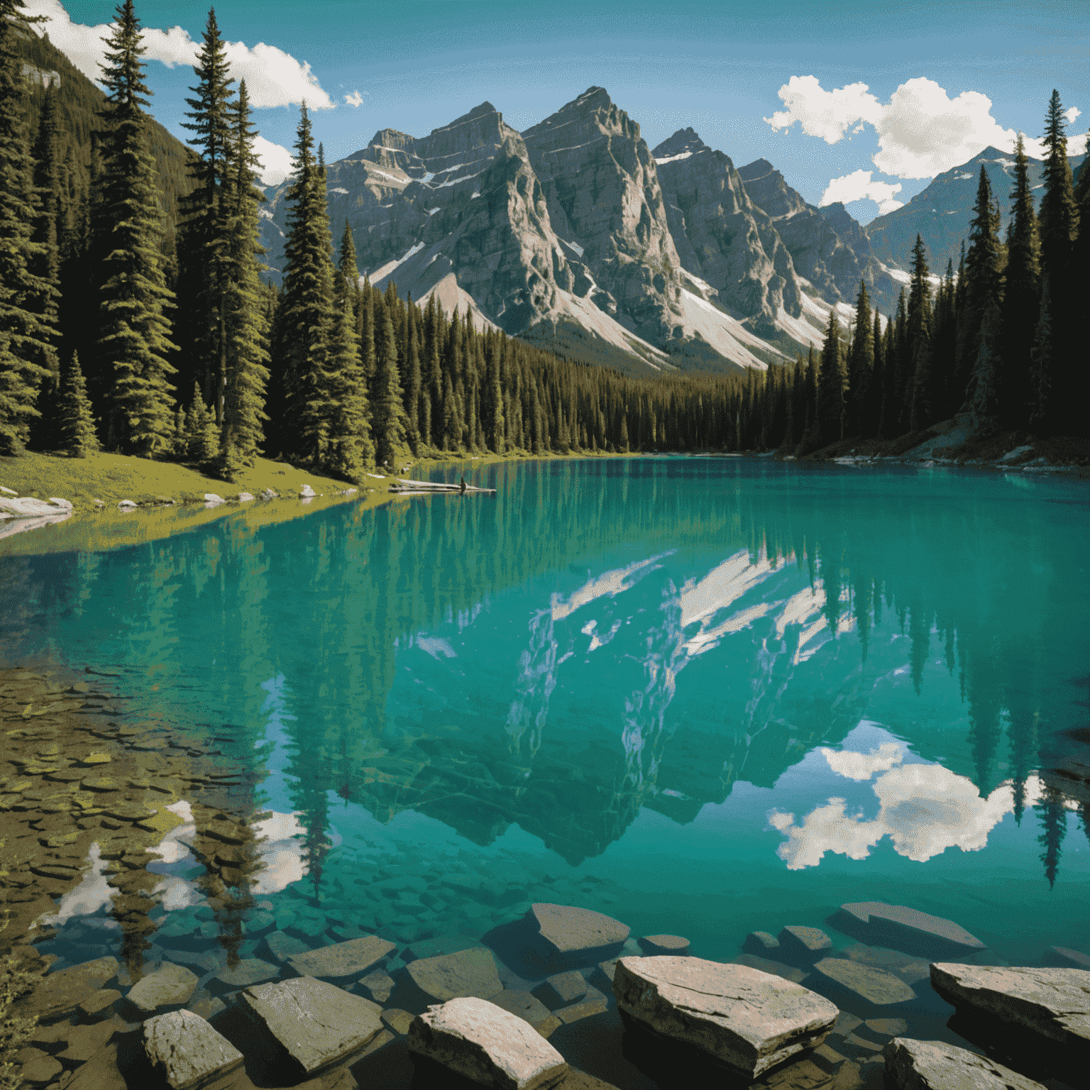 Emerald Lake in Yoho National Park with perfect reflections of surrounding mountains in its calm, turquoise waters