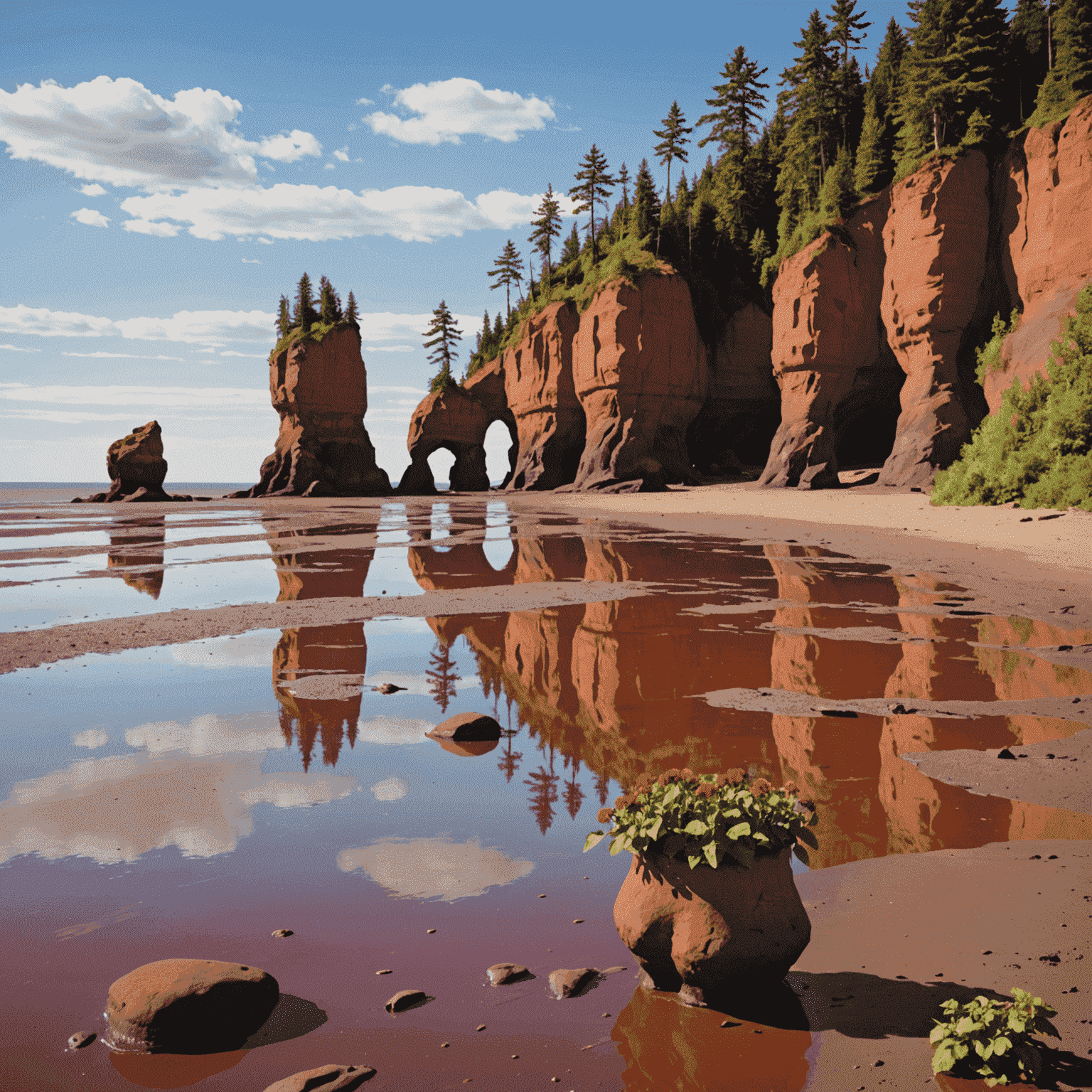 Hopewell Rocks at low tide, showing towering flower pot rock formations with trees on top, surrounded by a vast expanse of red muddy beach