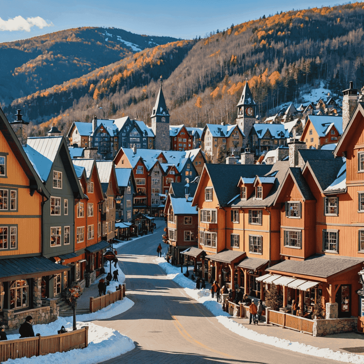 Colorful buildings of Mont Tremblant village nestled at the base of the ski slopes, showcasing the resort's European charm