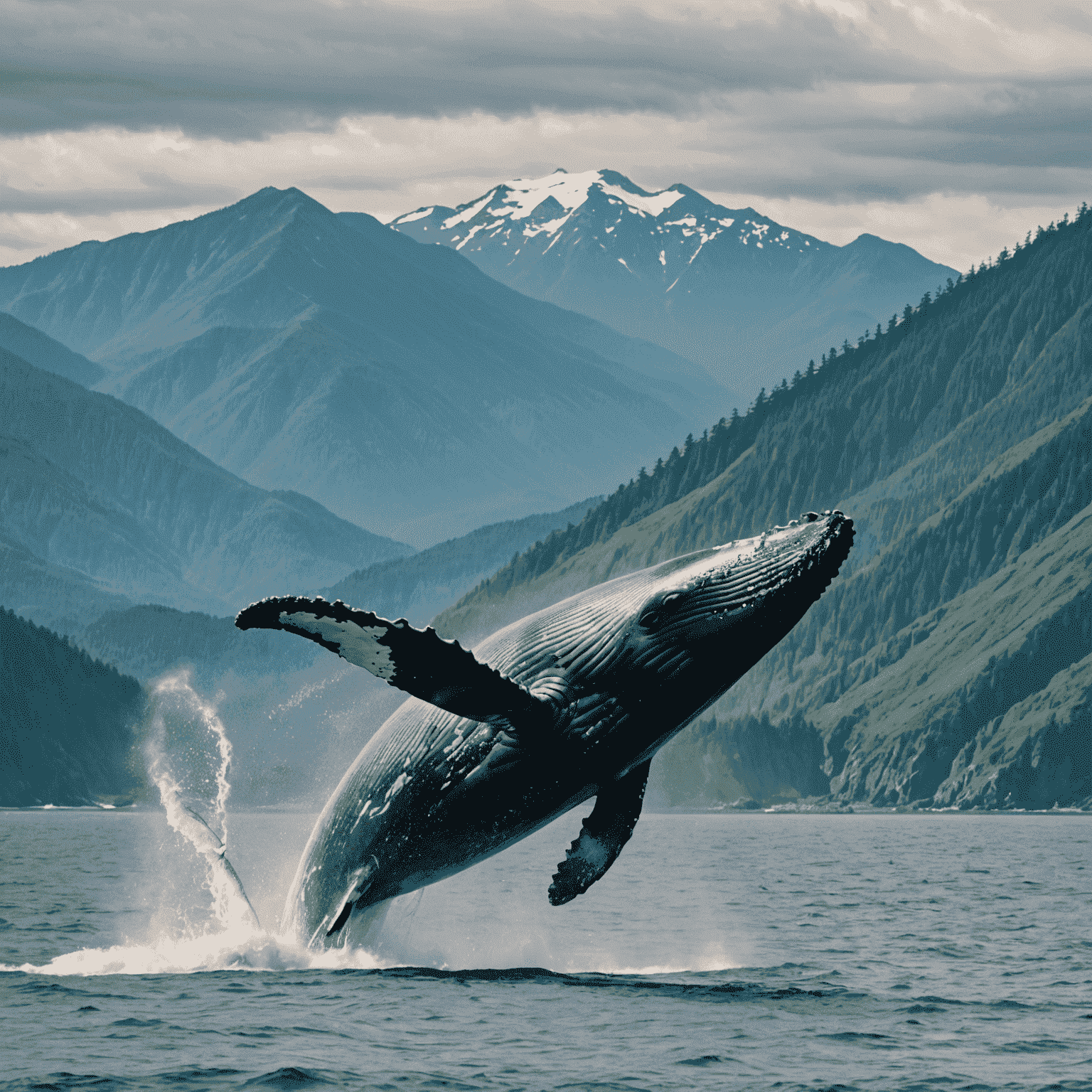 A humpback whale breaching off the coast of Pacific Rim National Park, with lush green coastal mountains visible in the background.