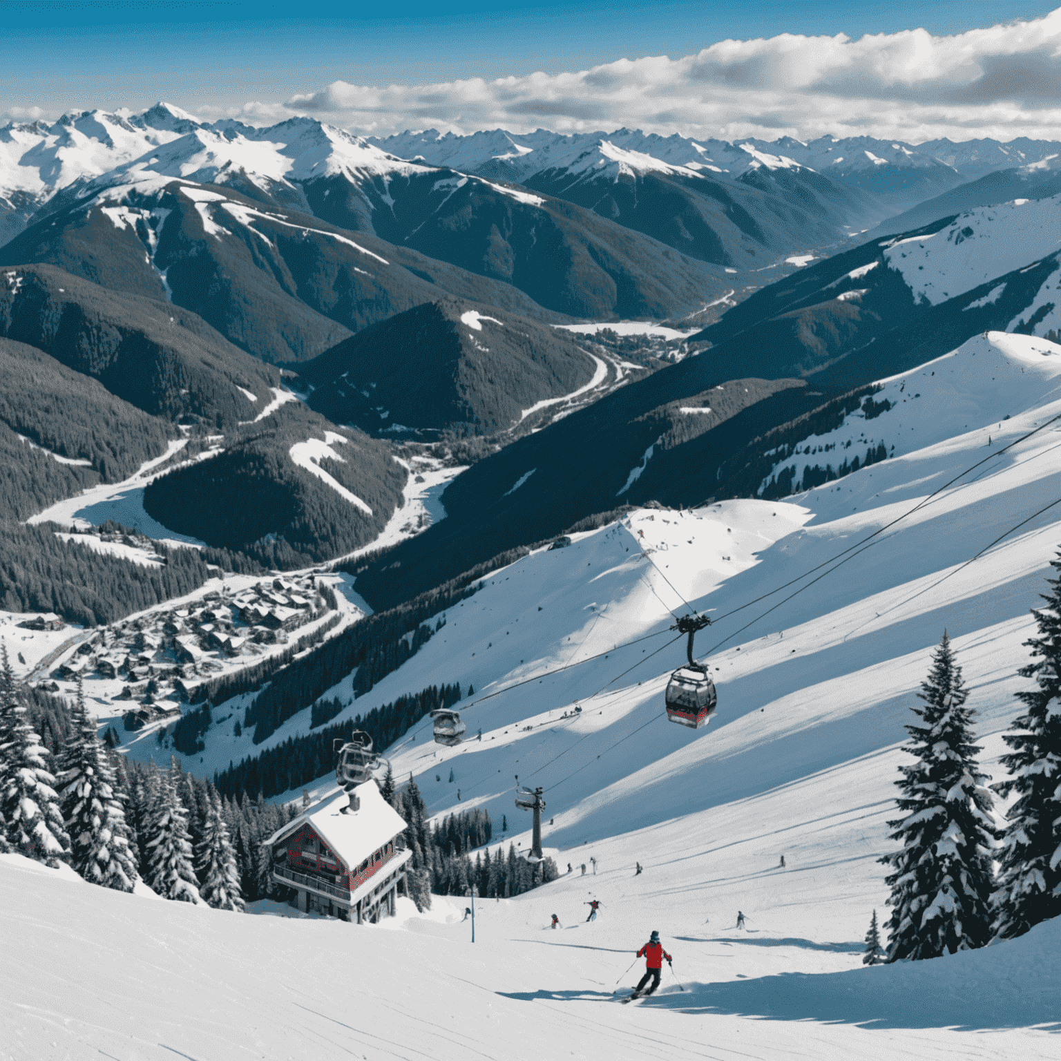 Aerial view of Whistler Blackcomb ski resort with snow-covered slopes, gondolas, and skiers carving down the mountain