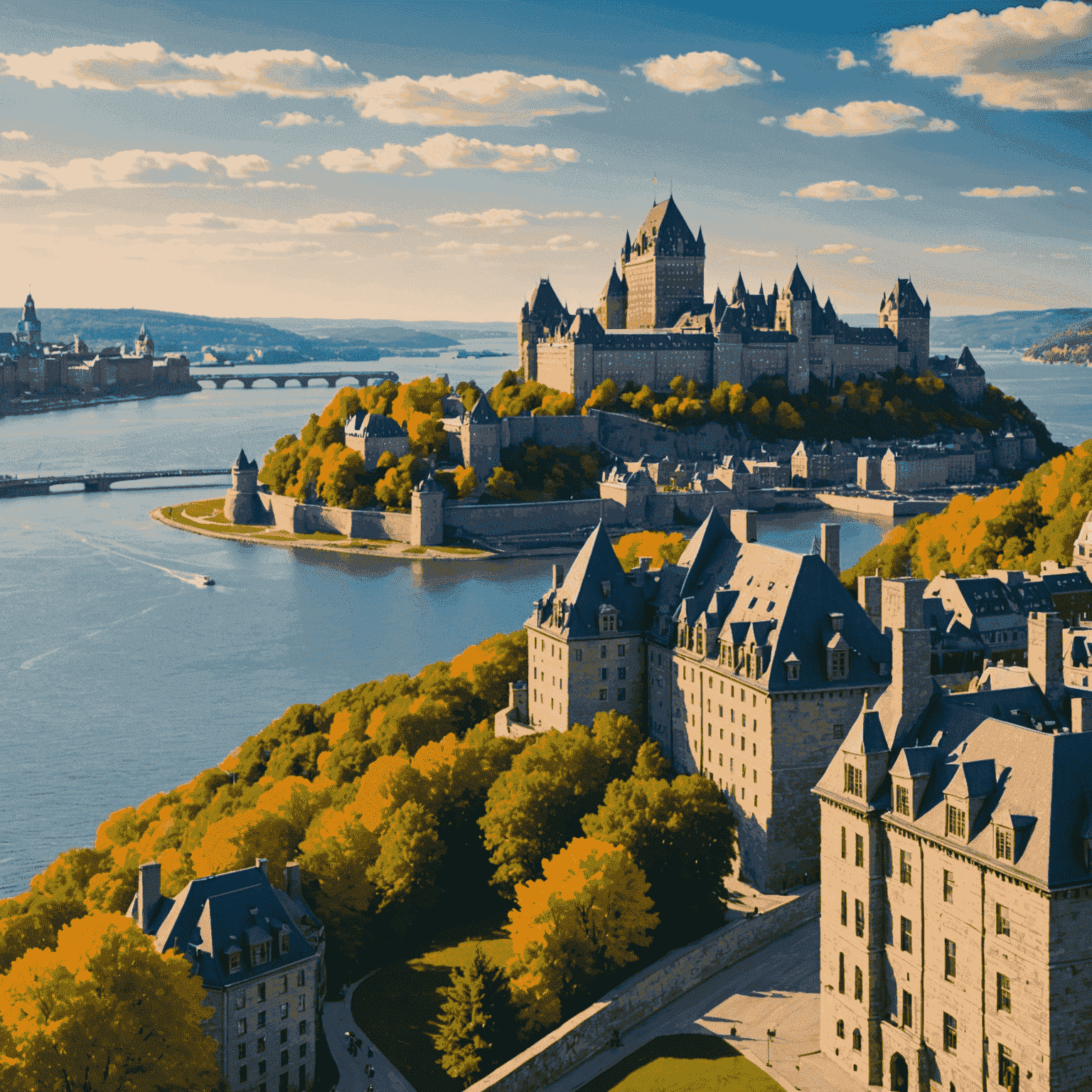 Chateau Frontenac and the old fortified city walls of Quebec City with the St. Lawrence River in the background