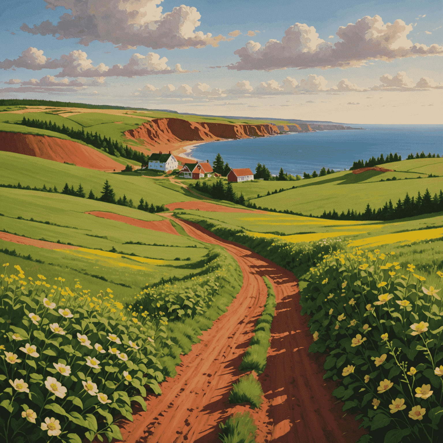 Rolling green hills of Prince Edward Island with a red dirt road winding through fields of potatoes and wildflowers, leading to a distant red-sand beach