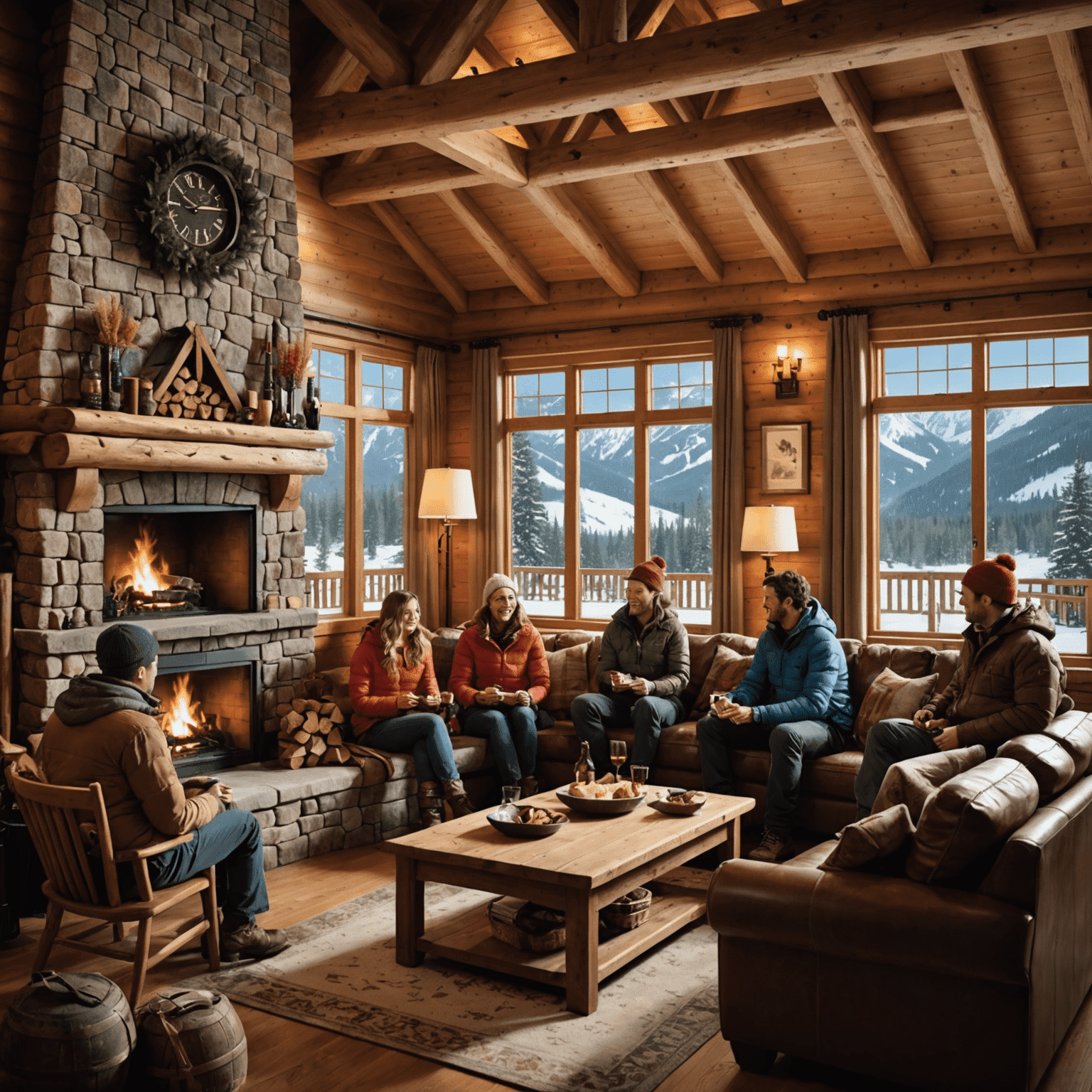 Group of skiers and snowboarders enjoying apres-ski activities in a cozy lodge with a large fireplace, representing the social aspect of Canadian ski resorts