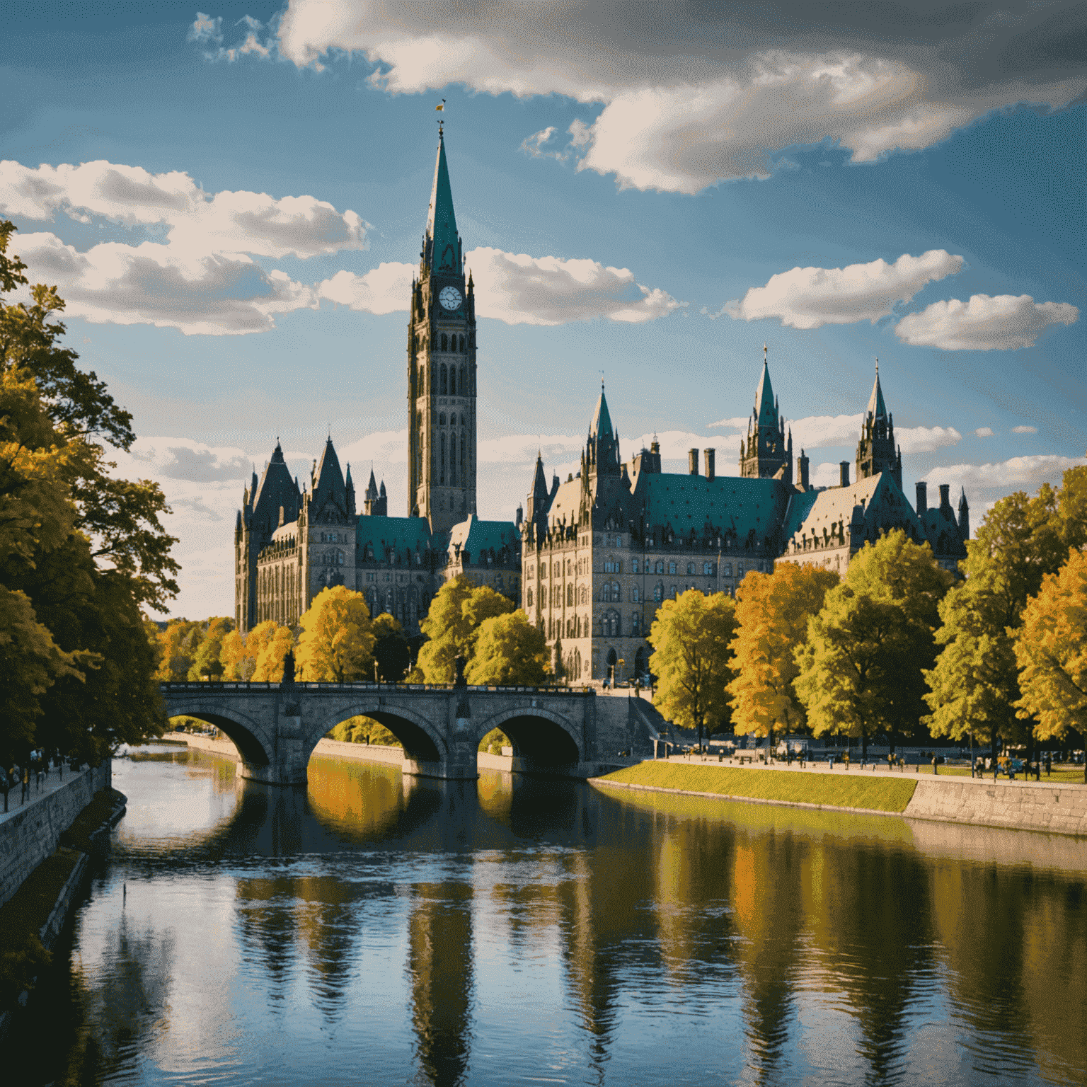 Parliament Hill in Ottawa with the iconic Peace Tower and Rideau Canal in the foreground